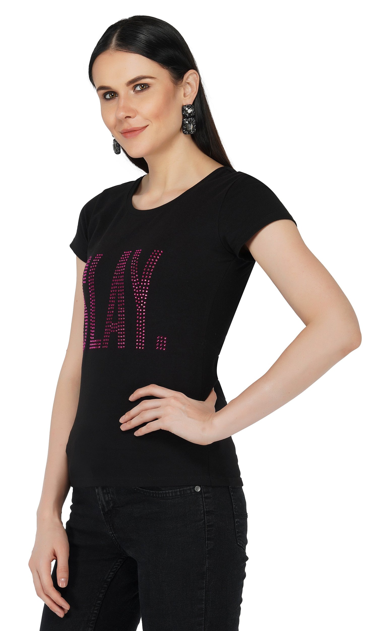 SLAY. Women's Pink Crystal Embellished SlimFit Black T-shirt-clothing-to-slay.myshopify.com-T-shirt