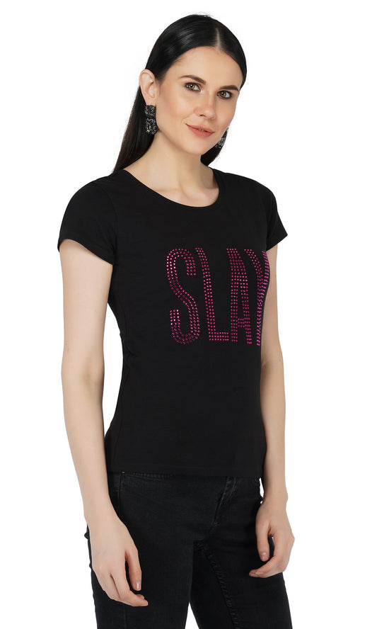SLAY. Women's Pink Crystal Embellished SlimFit Black T-shirt-clothing-to-slay.myshopify.com-T-shirt