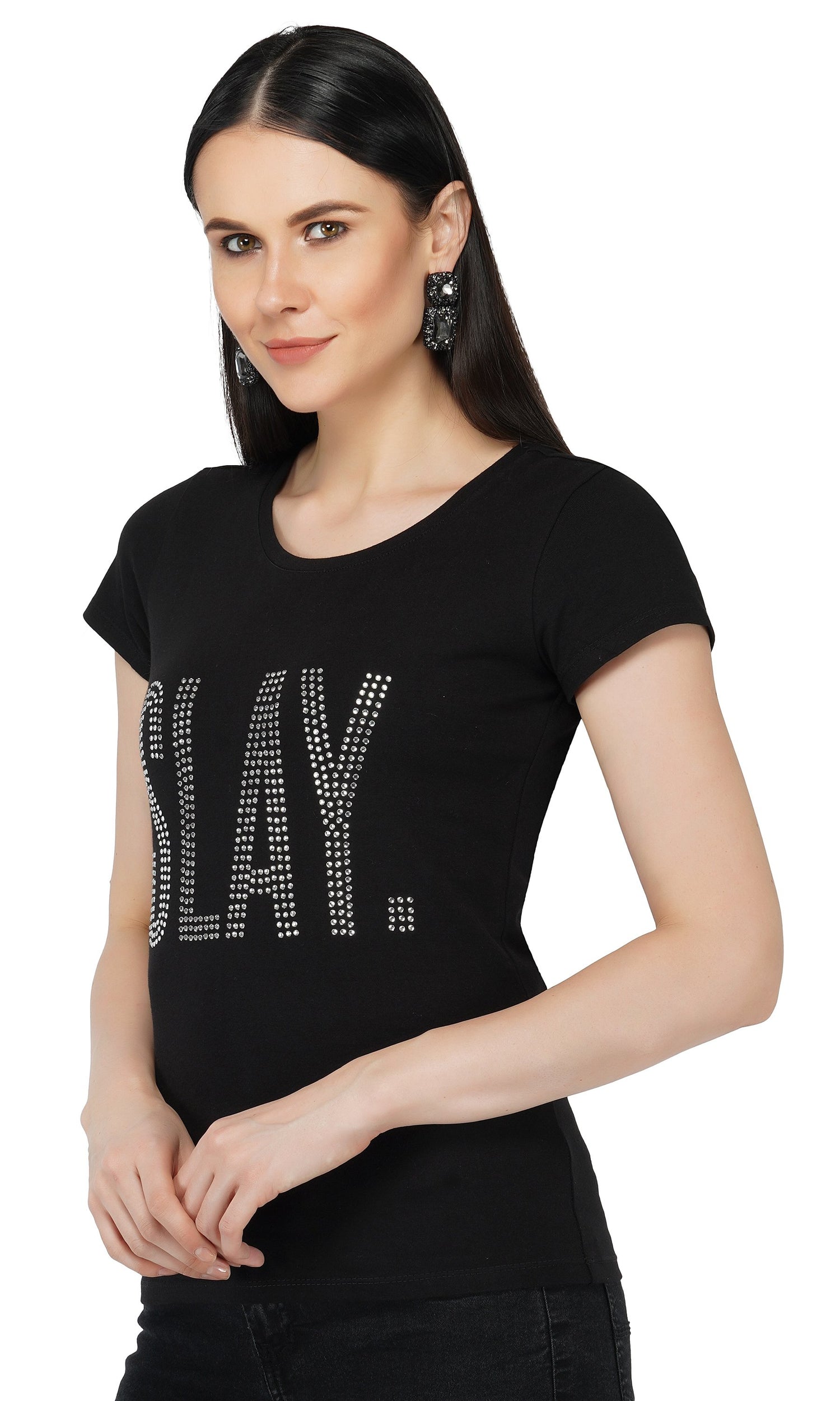 SLAY. Women's Silver Crystal Embellished SlimFit Black T-shirt-clothing-to-slay.myshopify.com-T-shirt