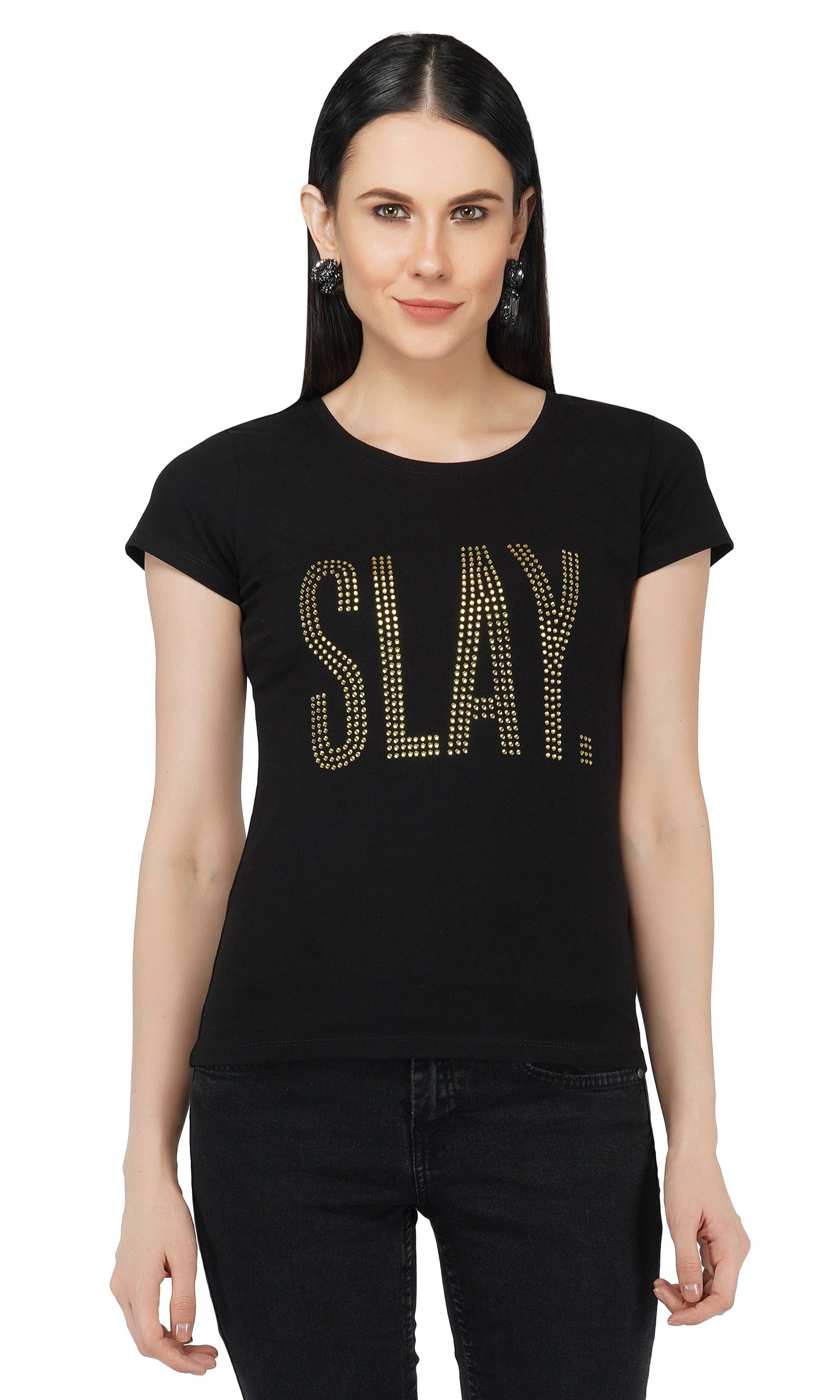 SLAY. Women's Golden Crystal Embellished SlimFit Black T-shirt-clothing-to-slay.myshopify.com-T-shirt