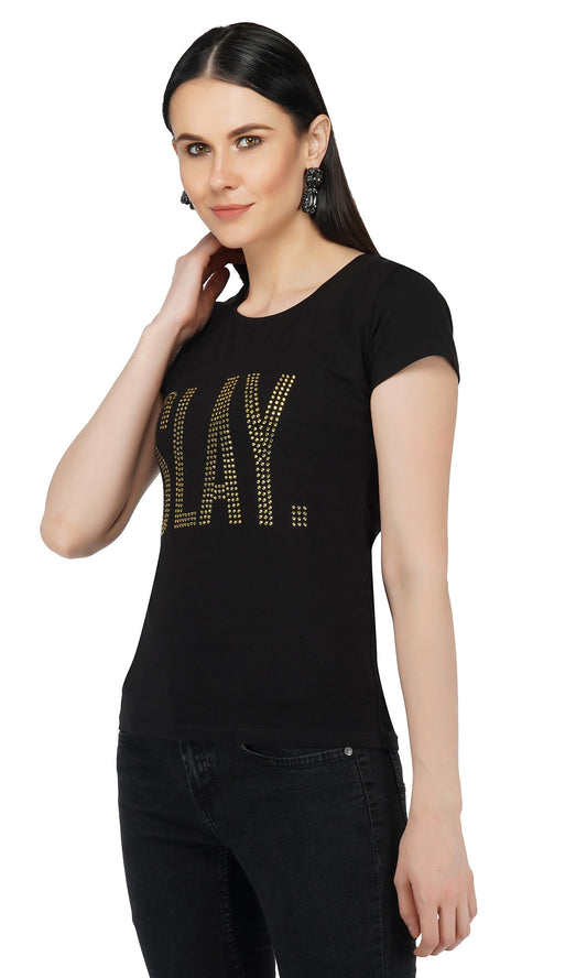 SLAY. Women's Golden Crystal Embellished SlimFit Black T-shirt-clothing-to-slay.myshopify.com-T-shirt