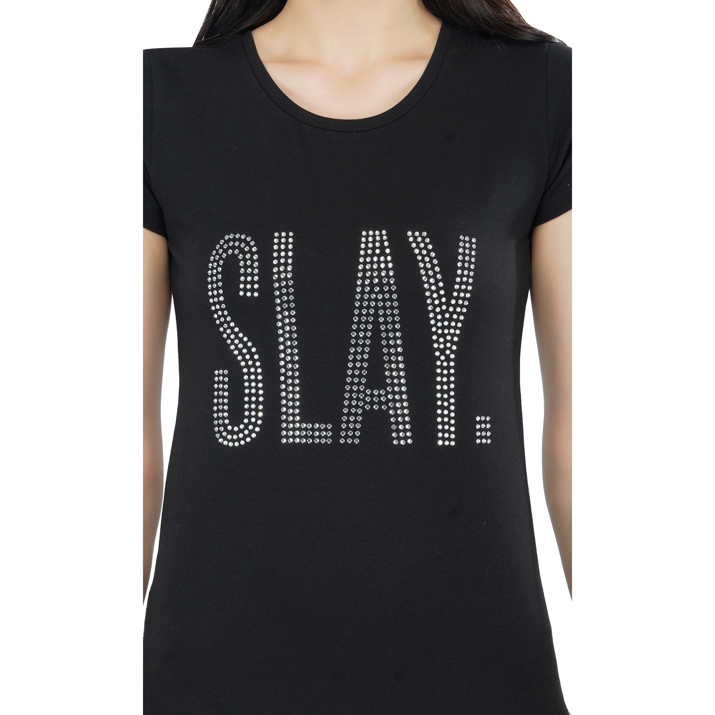 SLAY. Women's Silver Crystal Embellished Black T-shirt Dress-clothing-to-slay.myshopify.com-Dress