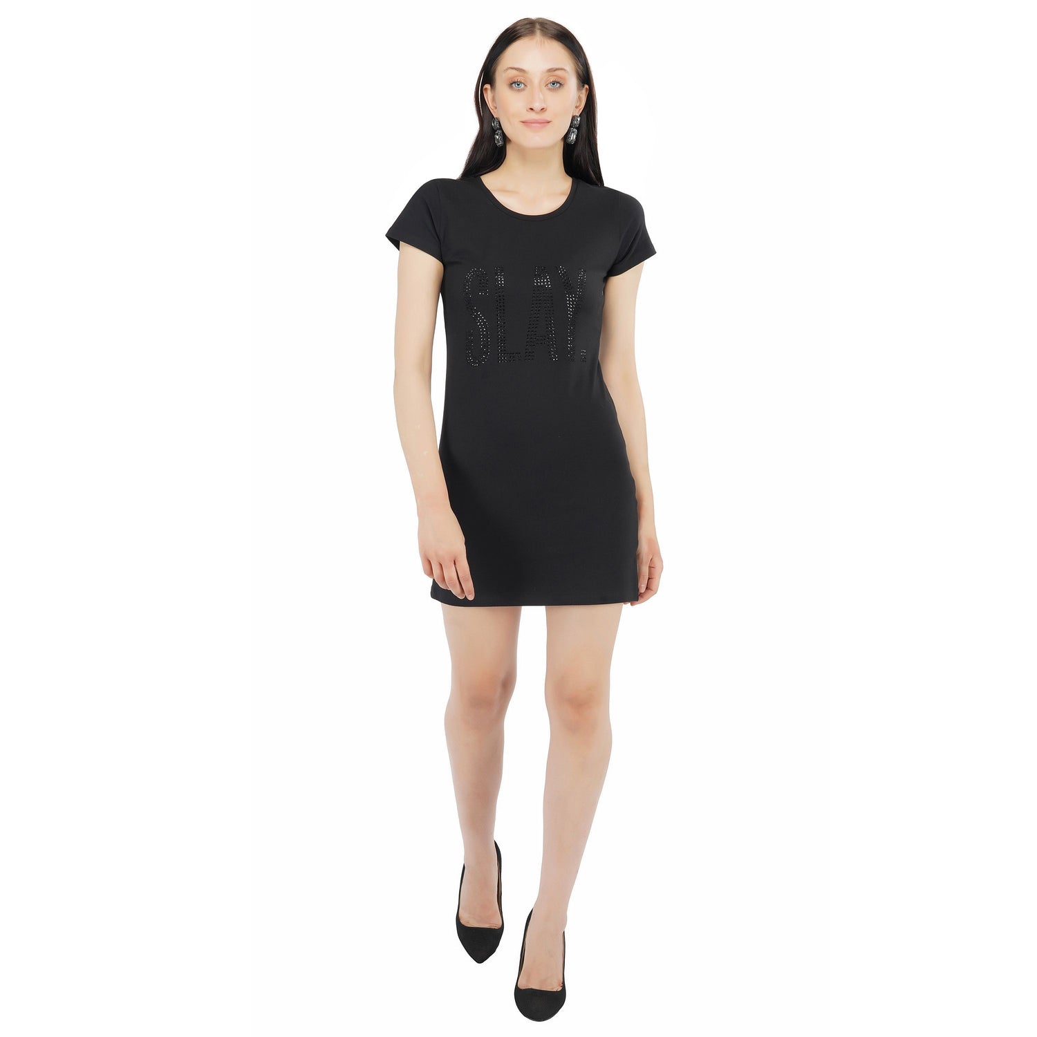 Women's Black Crystal Embellished T-shirt Dress - Main Image