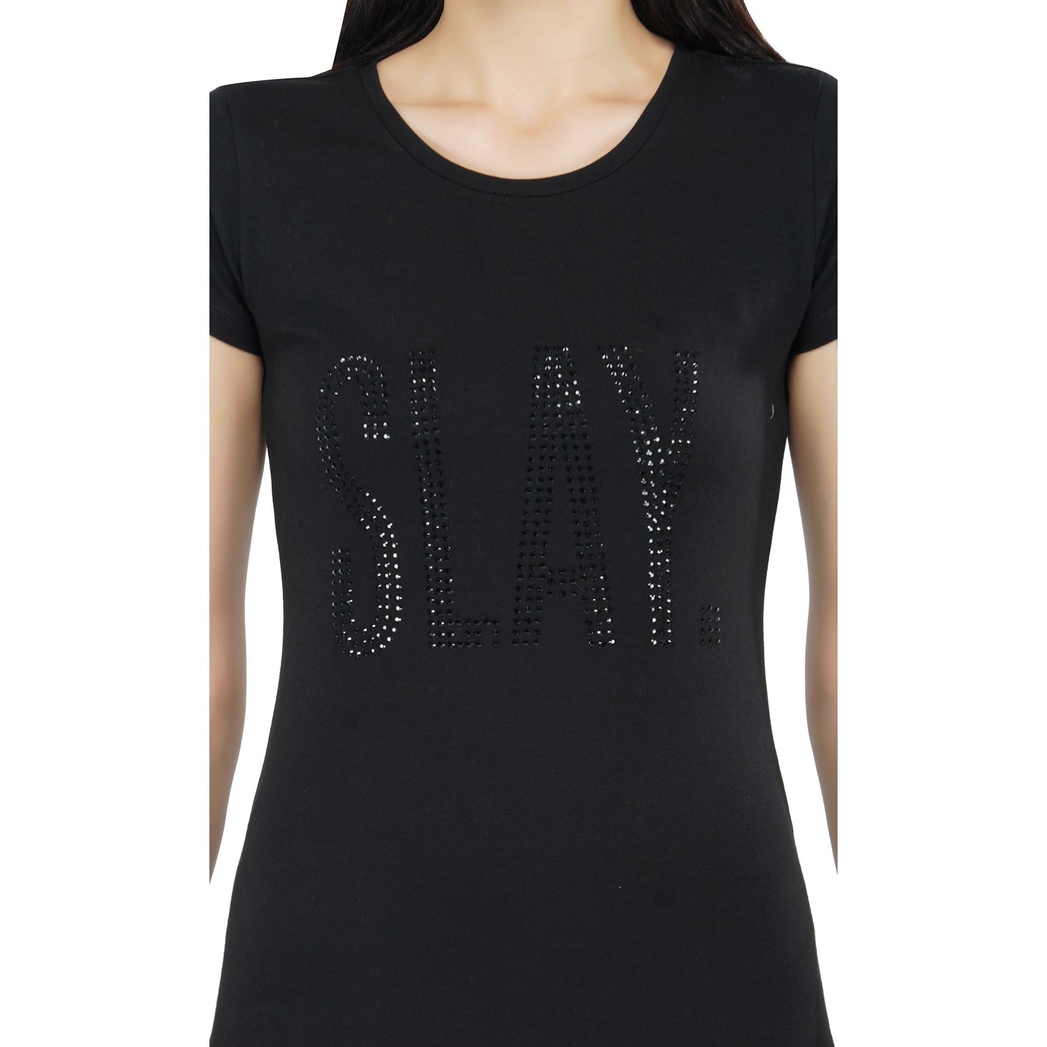SLAY. Women's Black Crystal Embellished T-shirt Dress-clothing-to-slay.myshopify.com-Dress