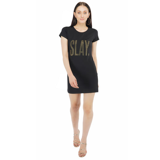 SLAY. Women's Golden Crystal Embellished Black T-shirt Dress-clothing-to-slay.myshopify.com-Dress