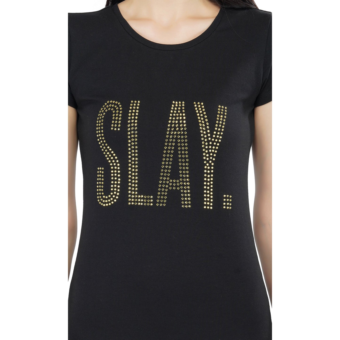 SLAY. Women's Golden Crystal Embellished Black T-shirt Dress-clothing-to-slay.myshopify.com-Dress