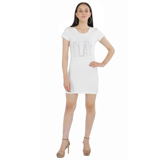SLAY. Women's Silver Crystal Embellished T-shirt Dress-clothing-to-slay.myshopify.com-Dress