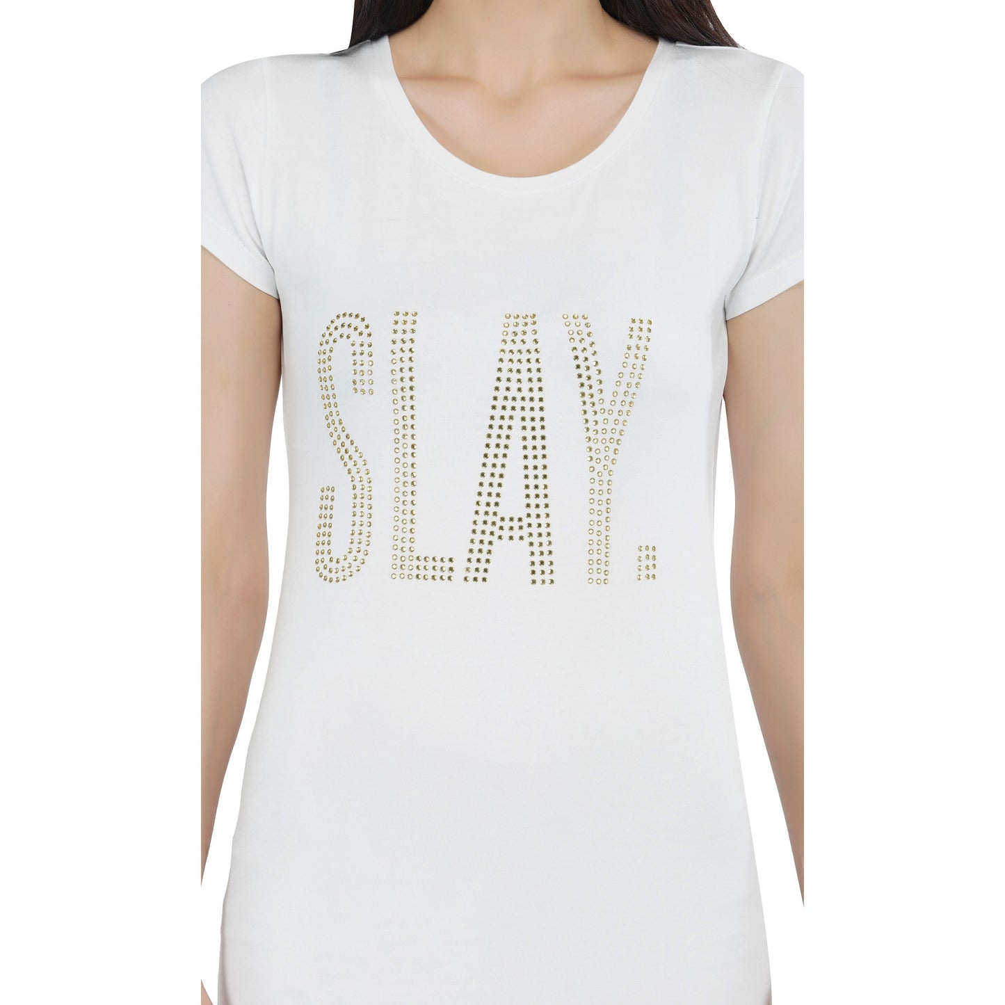 SLAY. Women's Golden Crystal Embellished White T-shirt Dress-clothing-to-slay.myshopify.com-Dress