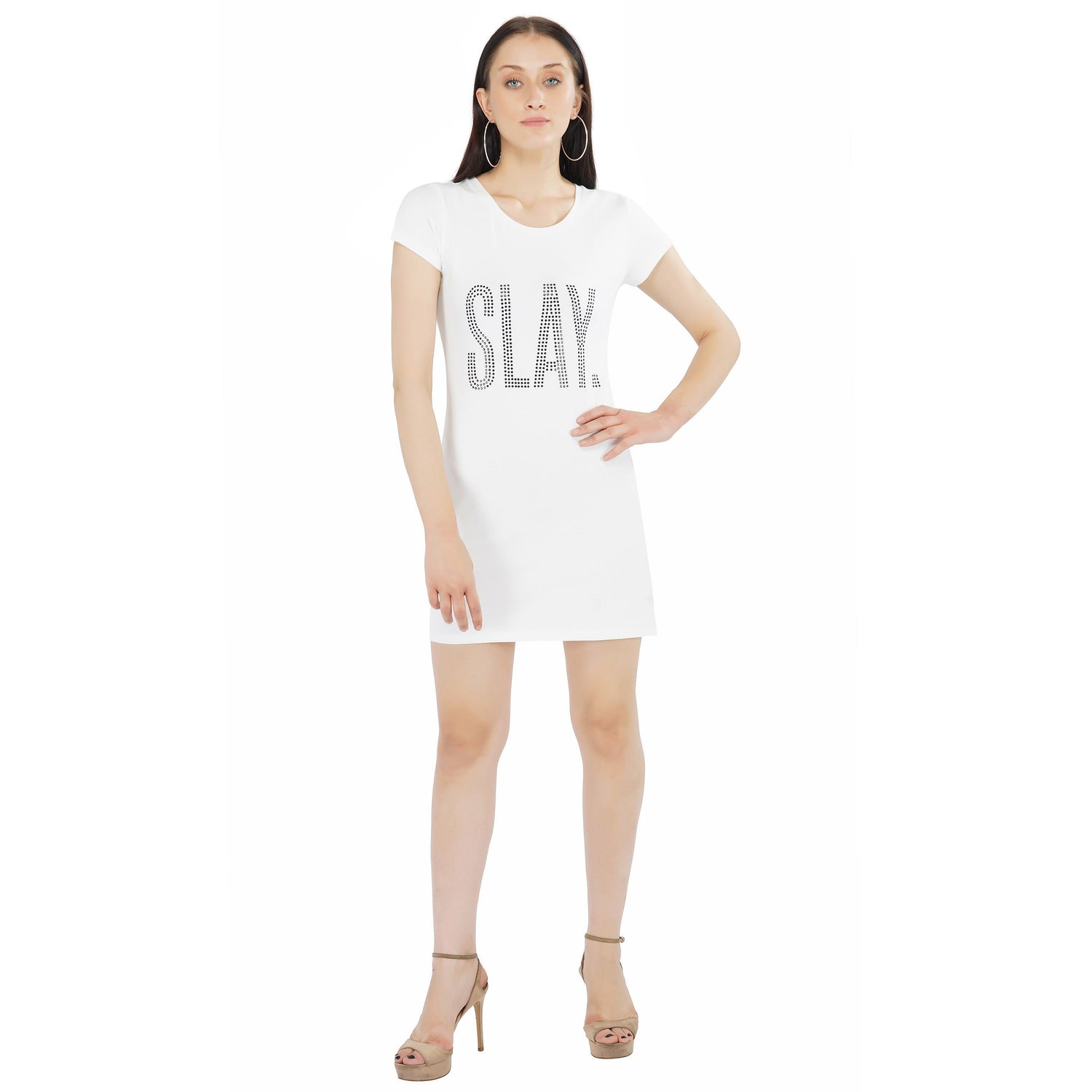 SLAY. Women's Silver Crystal Embellished White T-shirt Dress-clothing-to-slay.myshopify.com-Dress