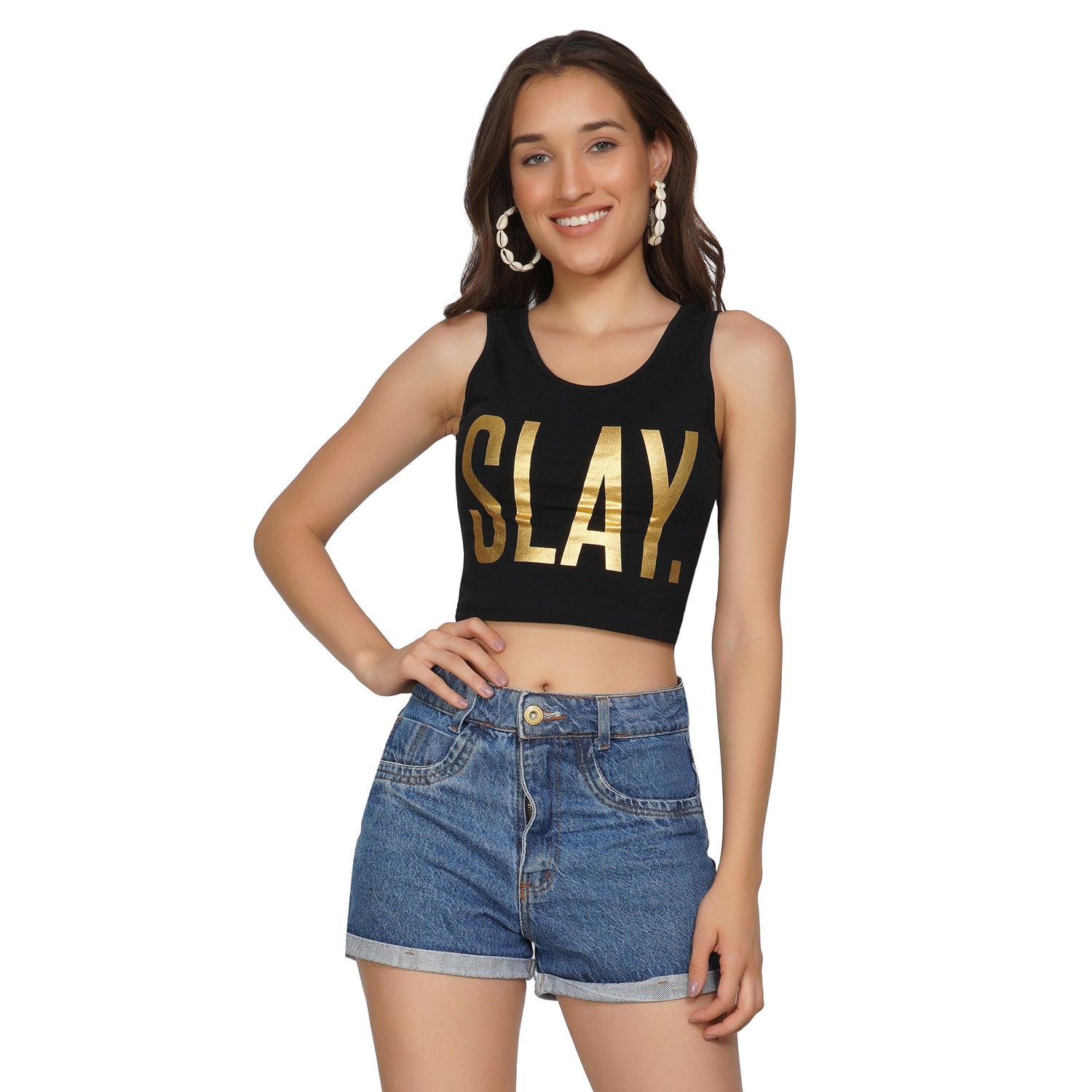 SLAY. Women's Denim Folded Bottom Straight Leg Shorts-clothing-to-slay.myshopify.com-Crop Top