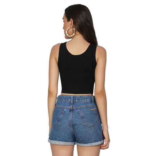 SLAY. Women's Denim Folded Bottom Straight Leg Shorts-clothing-to-slay.myshopify.com-Crop Top