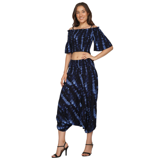 SLAY. Women's Navy Blue Tie-Dye Crop top and Harem Pants Palazzo Coord Set-clothing-to-slay.myshopify.com-Cami-harem Pant Set