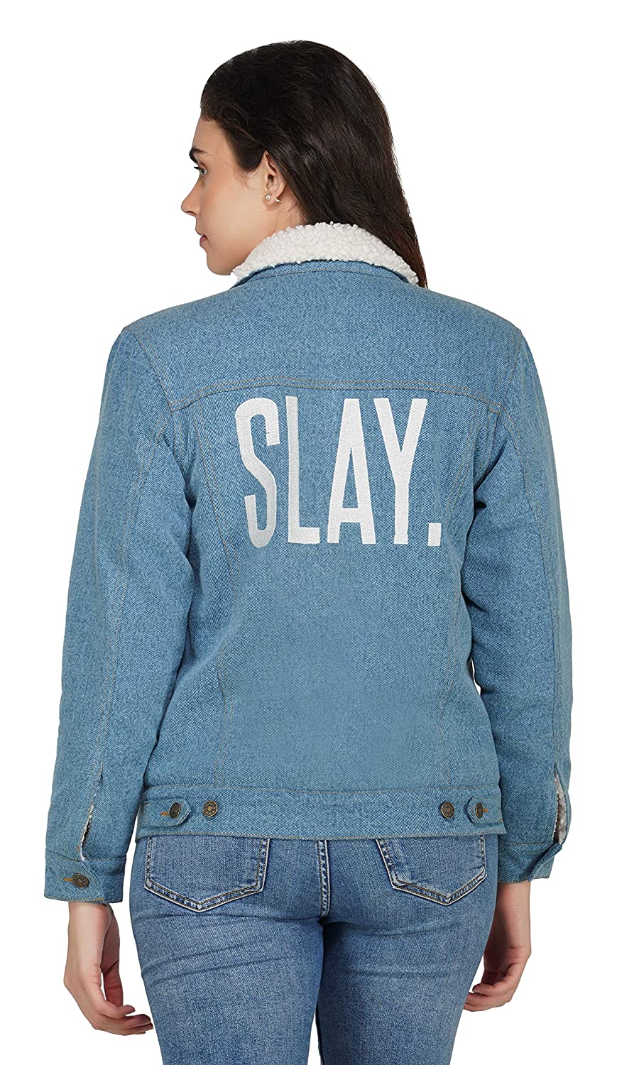 SLAY. Embroidered Women's Enzyme Washed Denim Jacket with Faux-fur Lining