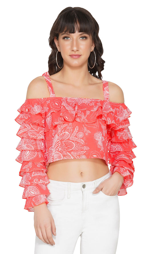 SLAY. Women's Red Paisley Print Strappy Crop Top With Ruffle Sleeve-clothing-to-slay.myshopify.com-Top