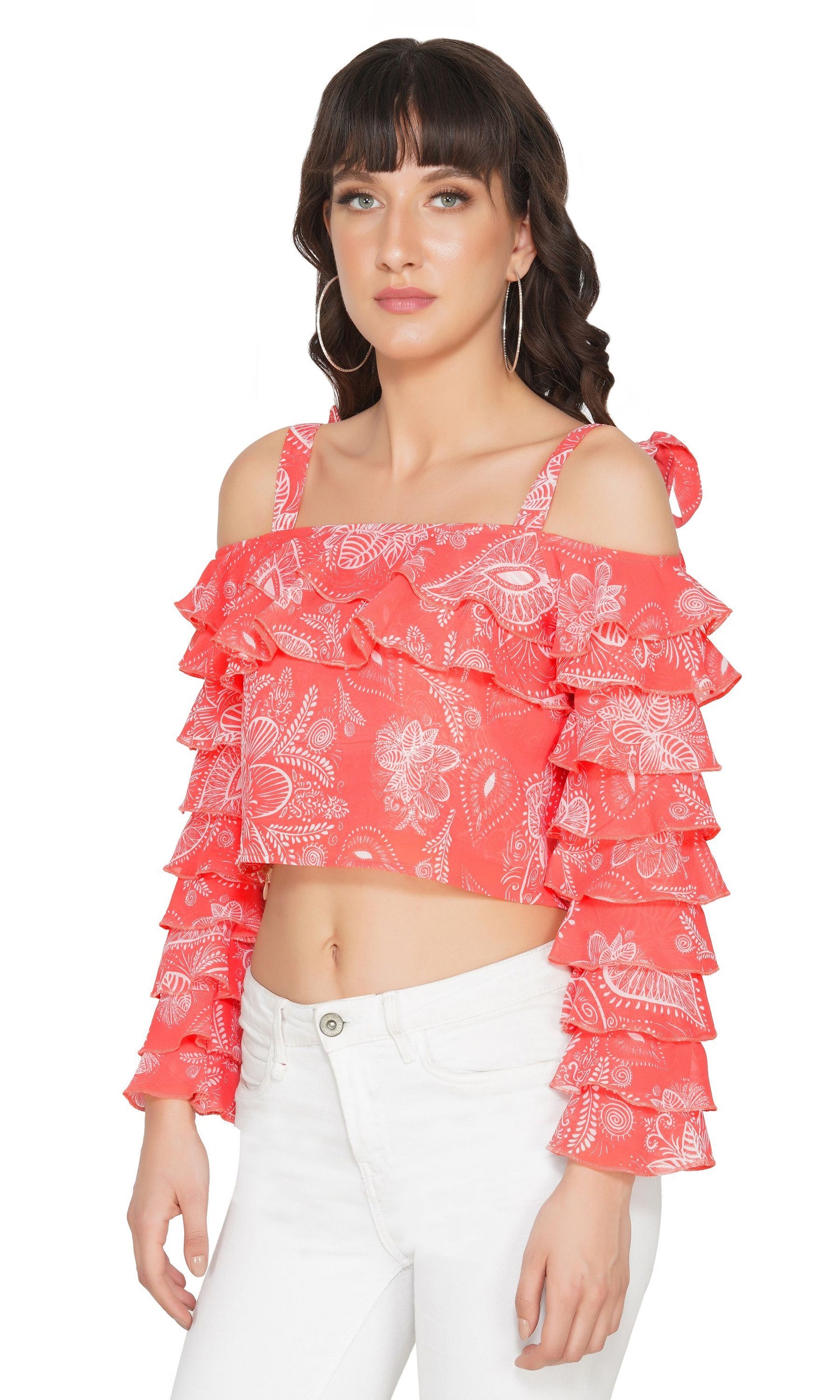 SLAY. Women's Red Paisley Print Strappy Crop Top With Ruffle Sleeve-clothing-to-slay.myshopify.com-Top
