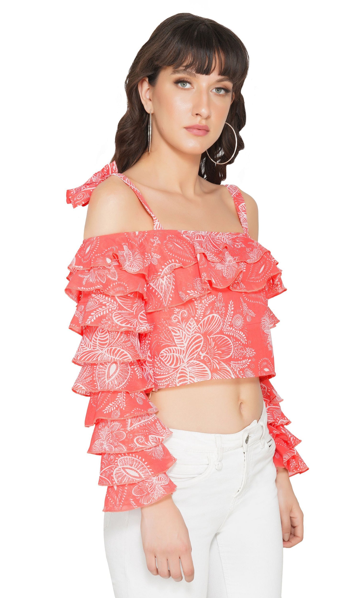 SLAY. Women's Red Paisley Print Strappy Crop Top With Ruffle Sleeve-clothing-to-slay.myshopify.com-Top