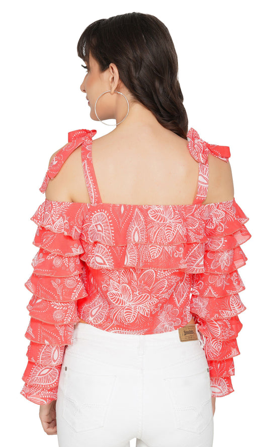 SLAY. Women's Red Paisley Print Strappy Crop Top With Ruffle Sleeve-clothing-to-slay.myshopify.com-Top