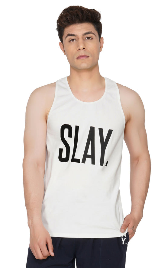 SLAY. Classic Men's Printed White Gym Vest-clothing-to-slay.myshopify.com-Vest