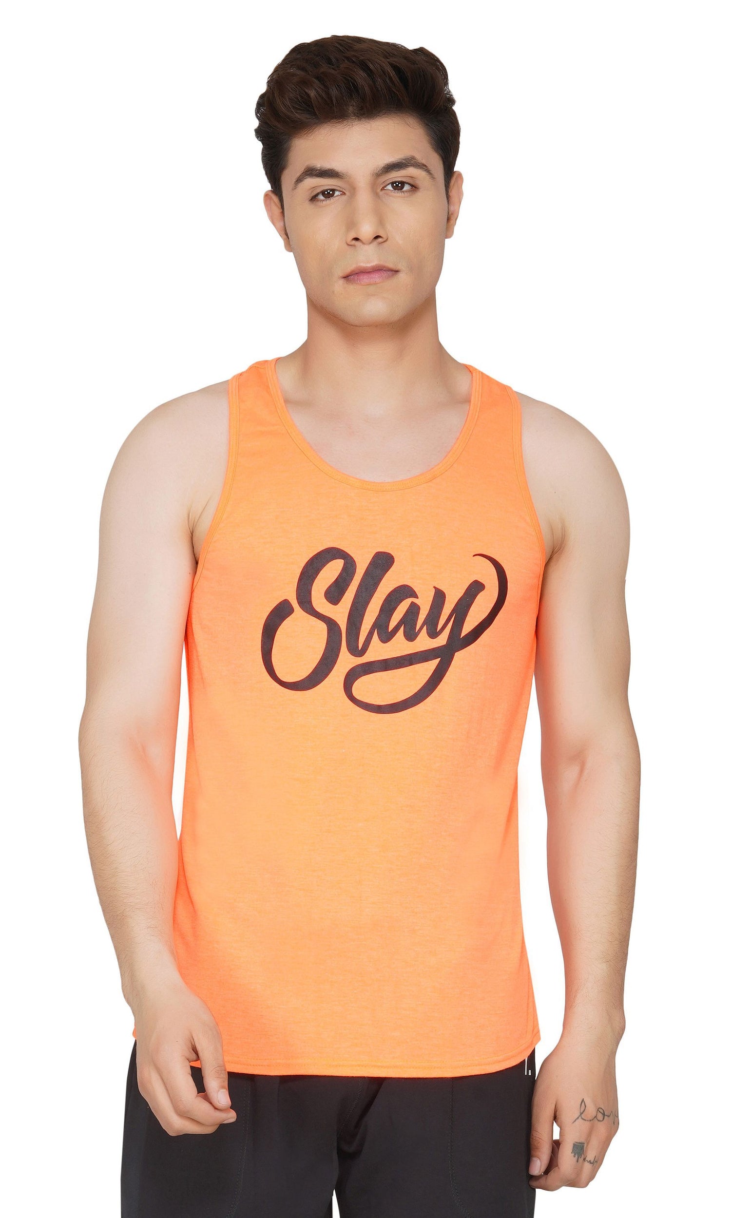 SLAY. Sport Men's Printed Neon Orange Gym Vest-clothing-to-slay.myshopify.com-Vest