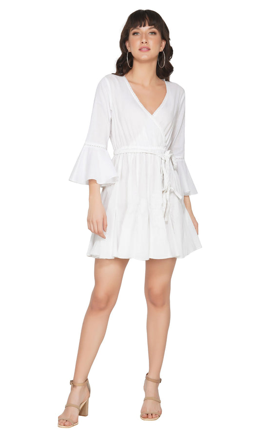 SLAY. Women's White V Neck Bell Sleeve Mini Dress with Waist Belt-clothing-to-slay.myshopify.com-Dress
