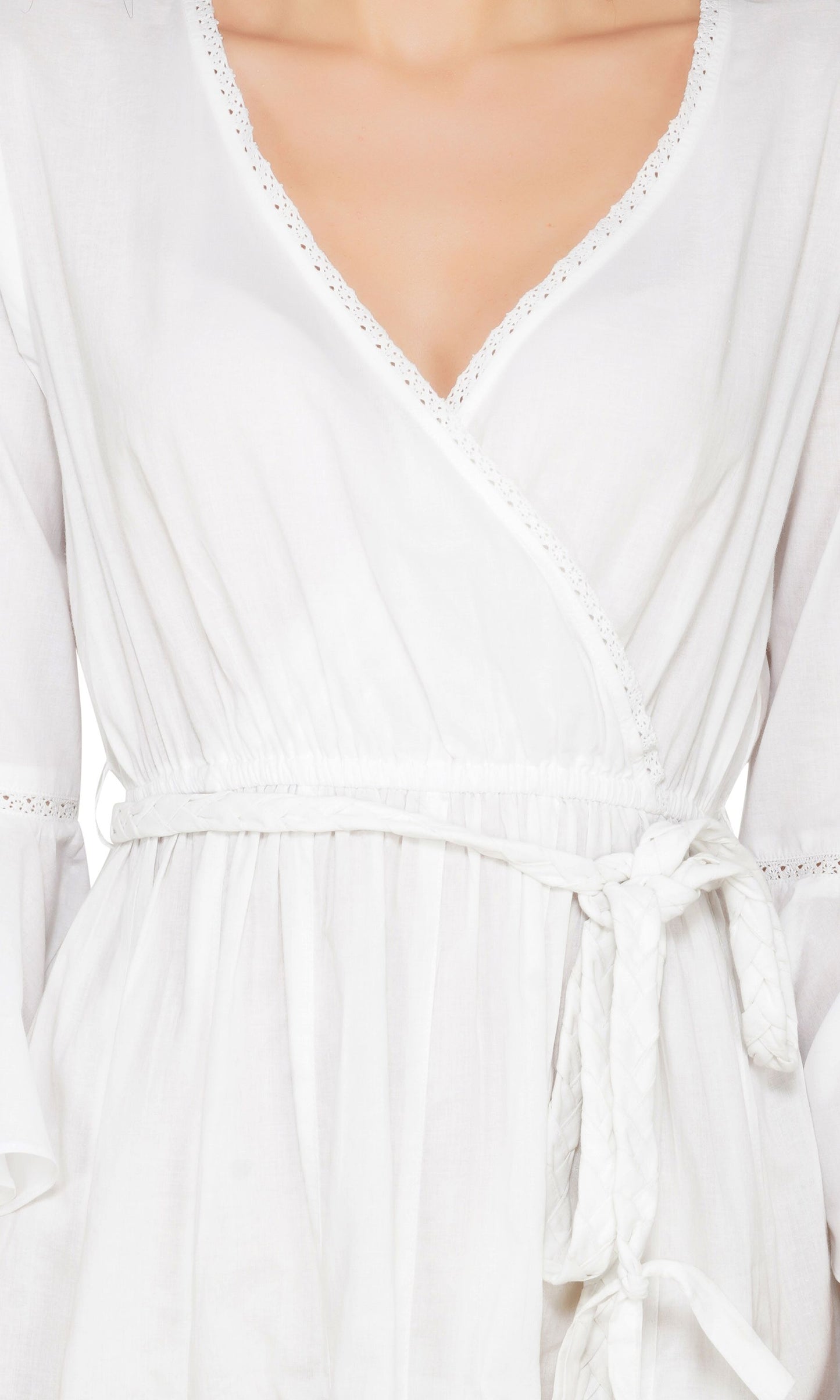 SLAY. Women's White V Neck Bell Sleeve Mini Dress with Waist Belt-clothing-to-slay.myshopify.com-Dress