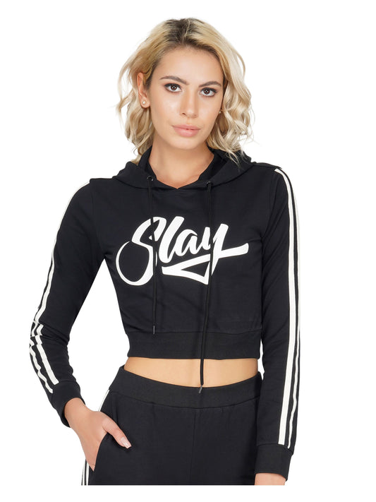 SLAY. Women's Printed Cropped Hoodie in Black-clothing-to-slay.myshopify.com-Crop Hoodie