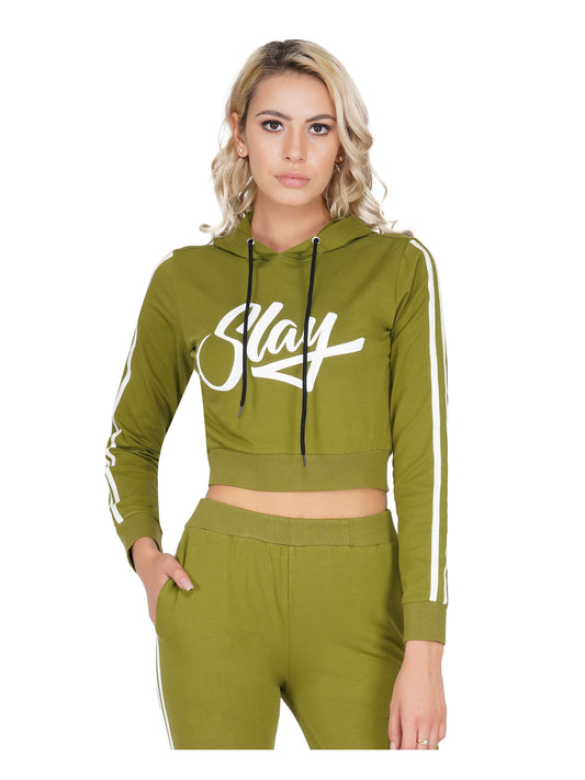 SLAY. Women's Printed Cropped Olive Green Hoodie-clothing-to-slay.myshopify.com-Crop Hoodie