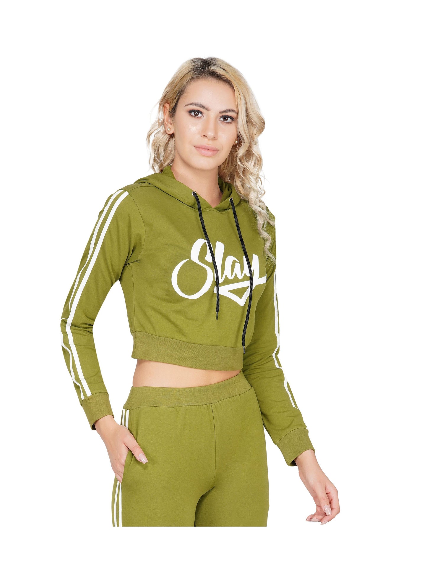 SLAY. Women's Printed Cropped Olive Green Hoodie-clothing-to-slay.myshopify.com-Crop Hoodie