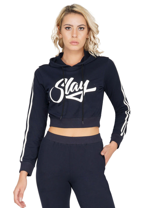 SLAY. Women's Printed Cropped Navy Blue Hoodie-clothing-to-slay.myshopify.com-Crop Hoodie