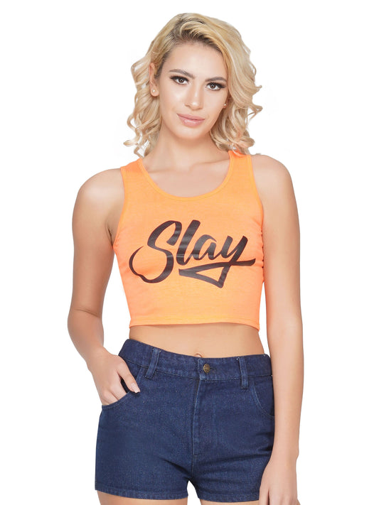 SLAY. Women's Neon Orange Printed Crop Top-clothing-to-slay.myshopify.com-Crop Top