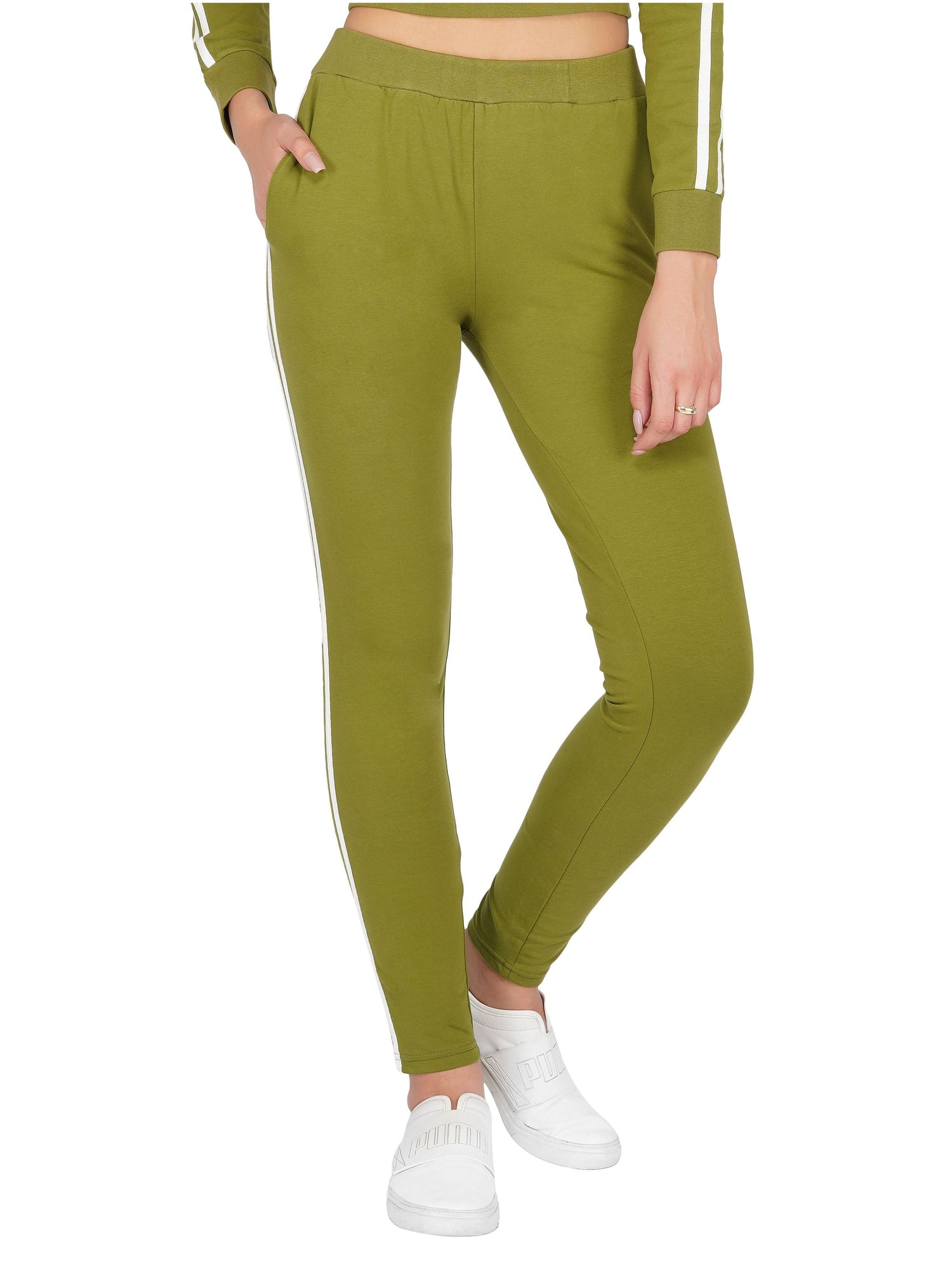 SLAY. Women's Olive Green Jogger Pants With White Stripes-clothing-to-slay.myshopify.com-Joggers