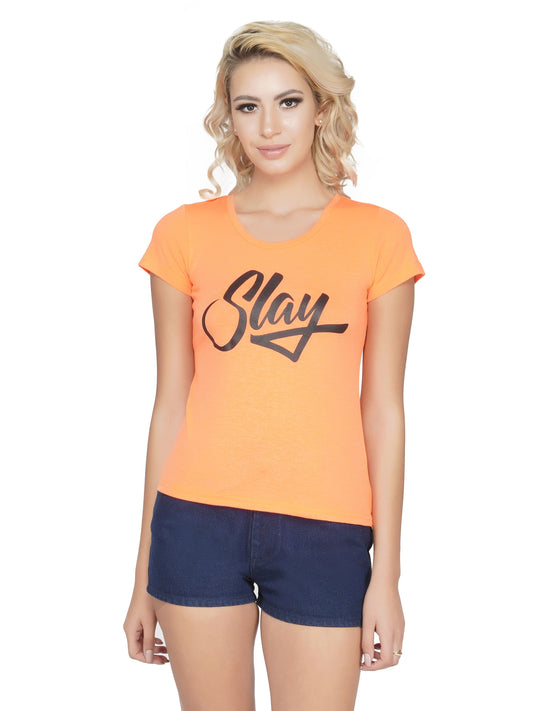 SLAY. Sport Women's Neon Orange Printed T-shirt-clothing-to-slay.myshopify.com-Print T-Shirt
