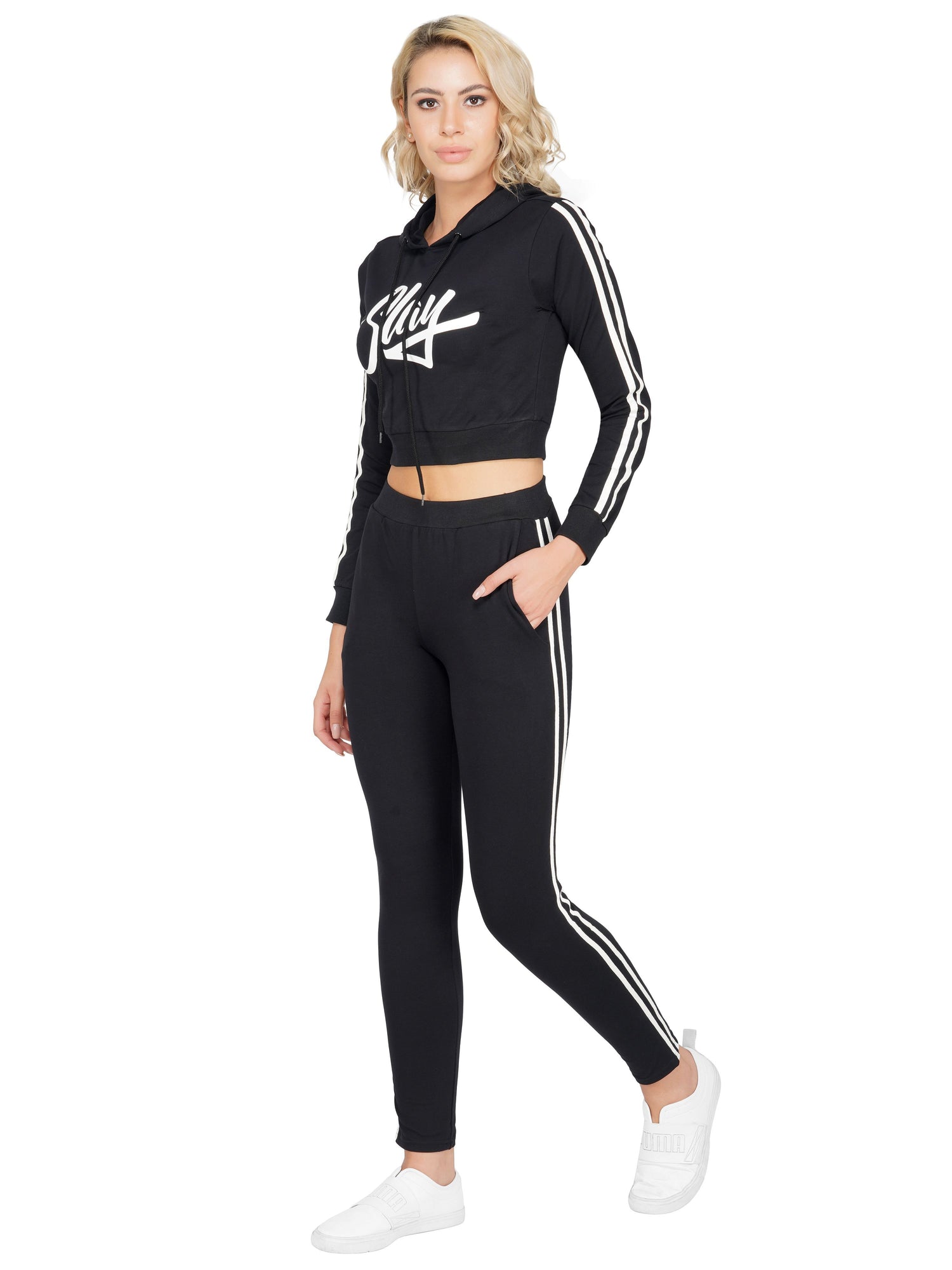 SLAY. Sport Women's Black Printed Tracksuit with White Side Stripes-clothing-to-slay.myshopify.com-Tracksuit