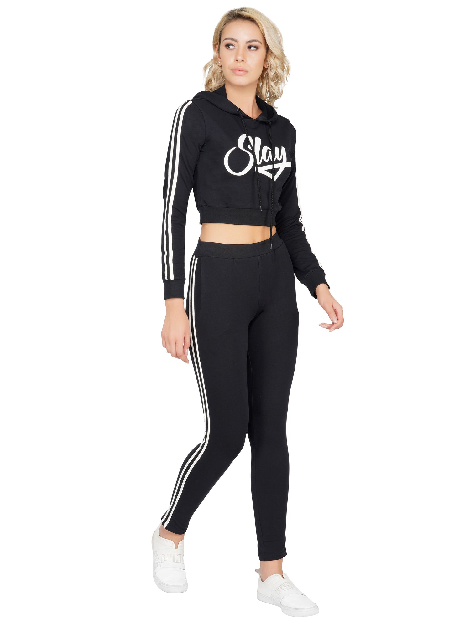 SLAY. Sport Women's Black Printed Tracksuit with White Side Stripes-clothing-to-slay.myshopify.com-Tracksuit