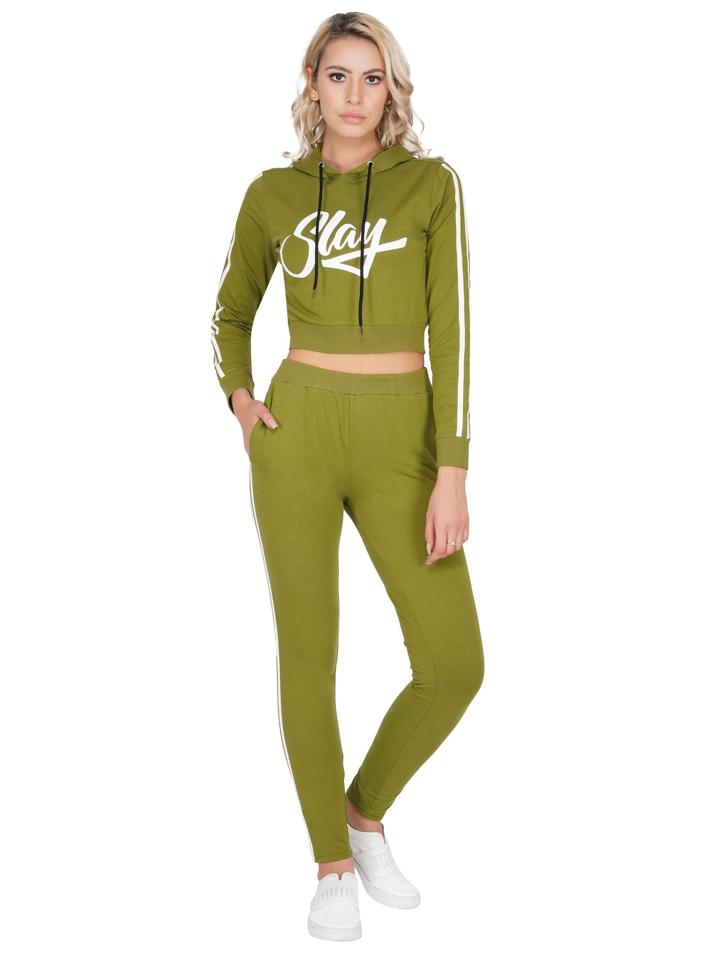 SLAY. Sport Women's Olive Green Printed Tracksuit with White Side Stripes-clothing-to-slay.myshopify.com-Tracksuit