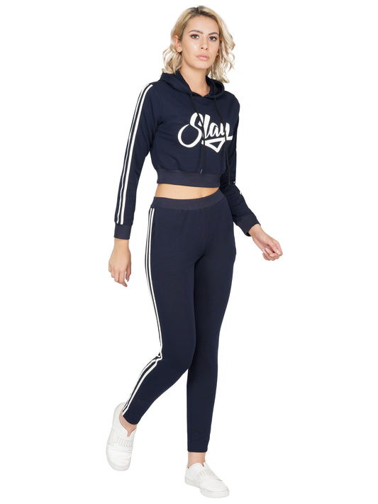SLAY. Sport Women's Navy Blue Printed Tracksuit with White Side Stripes-clothing-to-slay.myshopify.com-TrackSuit