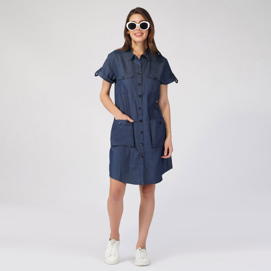 SLAY. Women's Navy Blue Denim A-Line Short Dress with Waist Belt