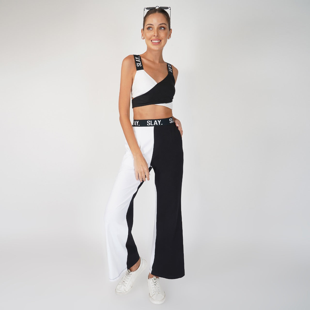 SLAY. Sport Women's Black White Colorblock Crop Top & Pants Co-ord Set