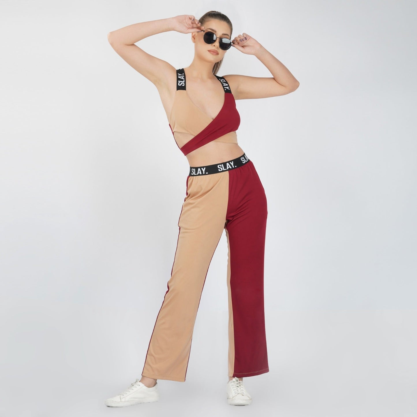 SLAY. Sport Women's Beige & Red Colorblock Bikini Crop Top & Pants Co-ord Set